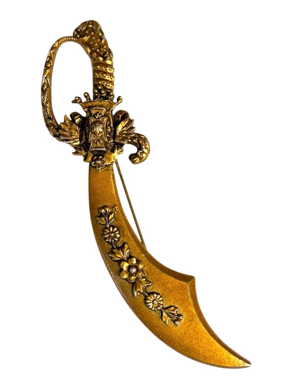 Coro 1940’s Gold Plated Brass 4.5” Ornate Honeymoon Scimitar Curved Sword Brooch
